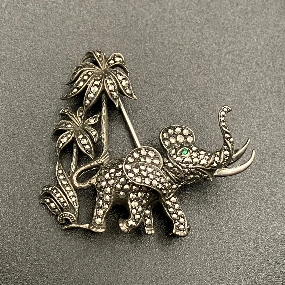 Vintage Sterling Silver Elephant Brooch Art Deco Marcasite Green Eye Palm Tree